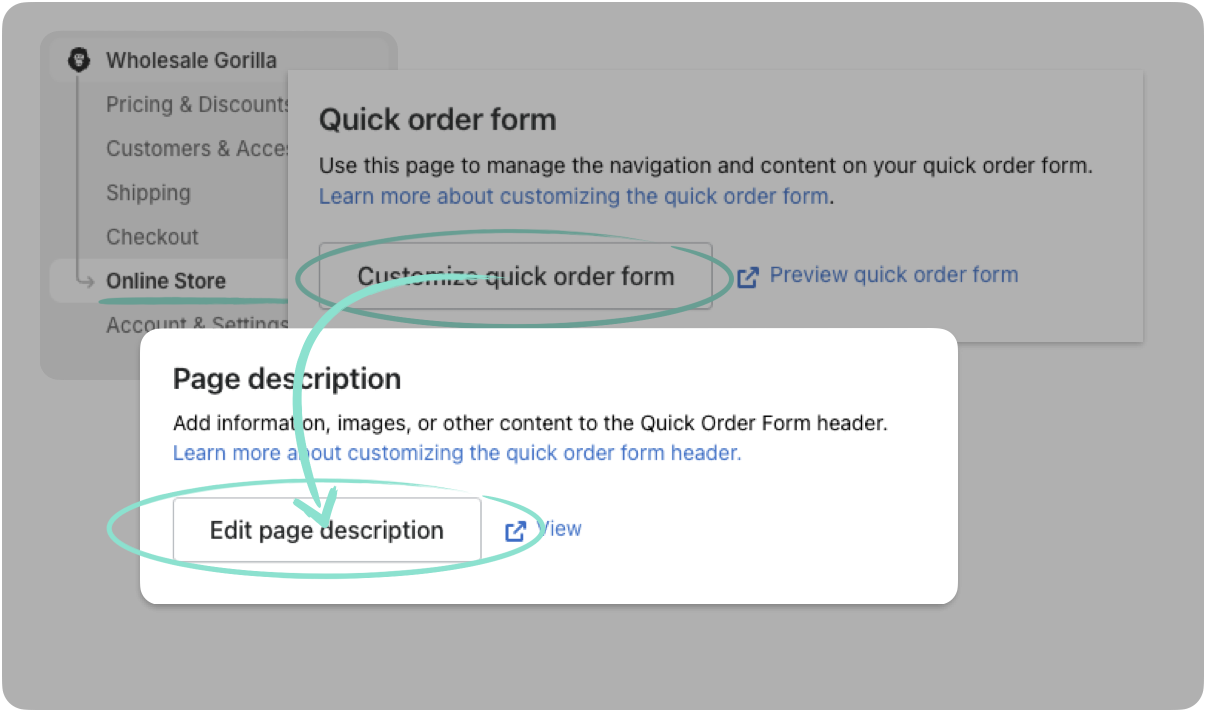 navigate to the quick order form and select 'edit page description.'