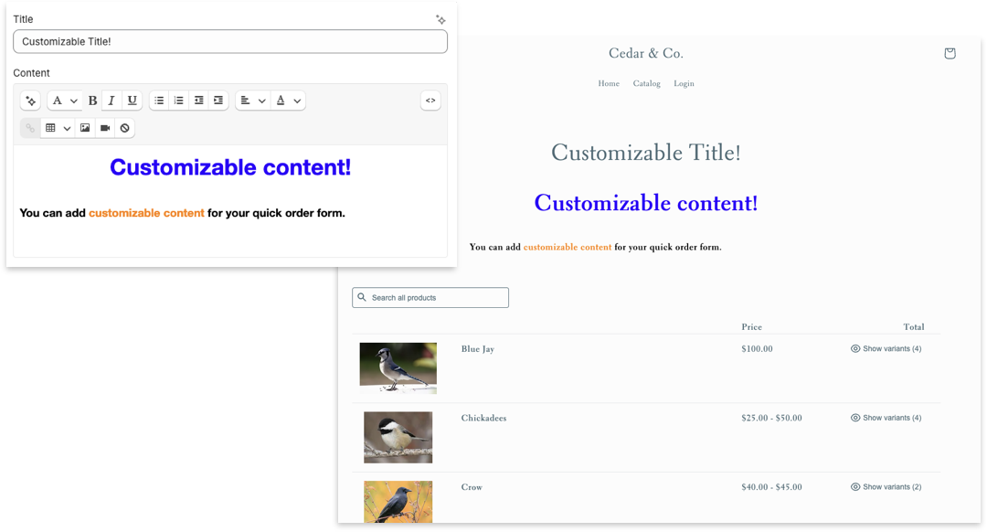 customize the quick order form's title and content